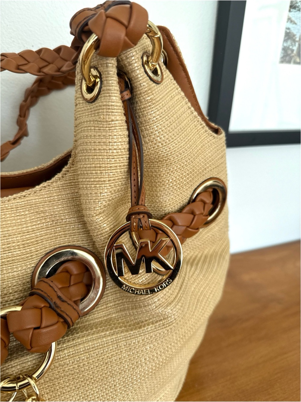 Michael Kors Large Braided Raffia Shoulder Bag in Natural/Tan - Picture 7 of 9